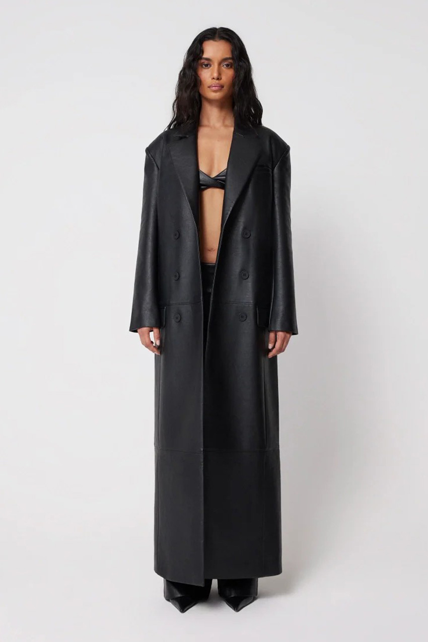 Faux Leather Double Breasted Long Coat