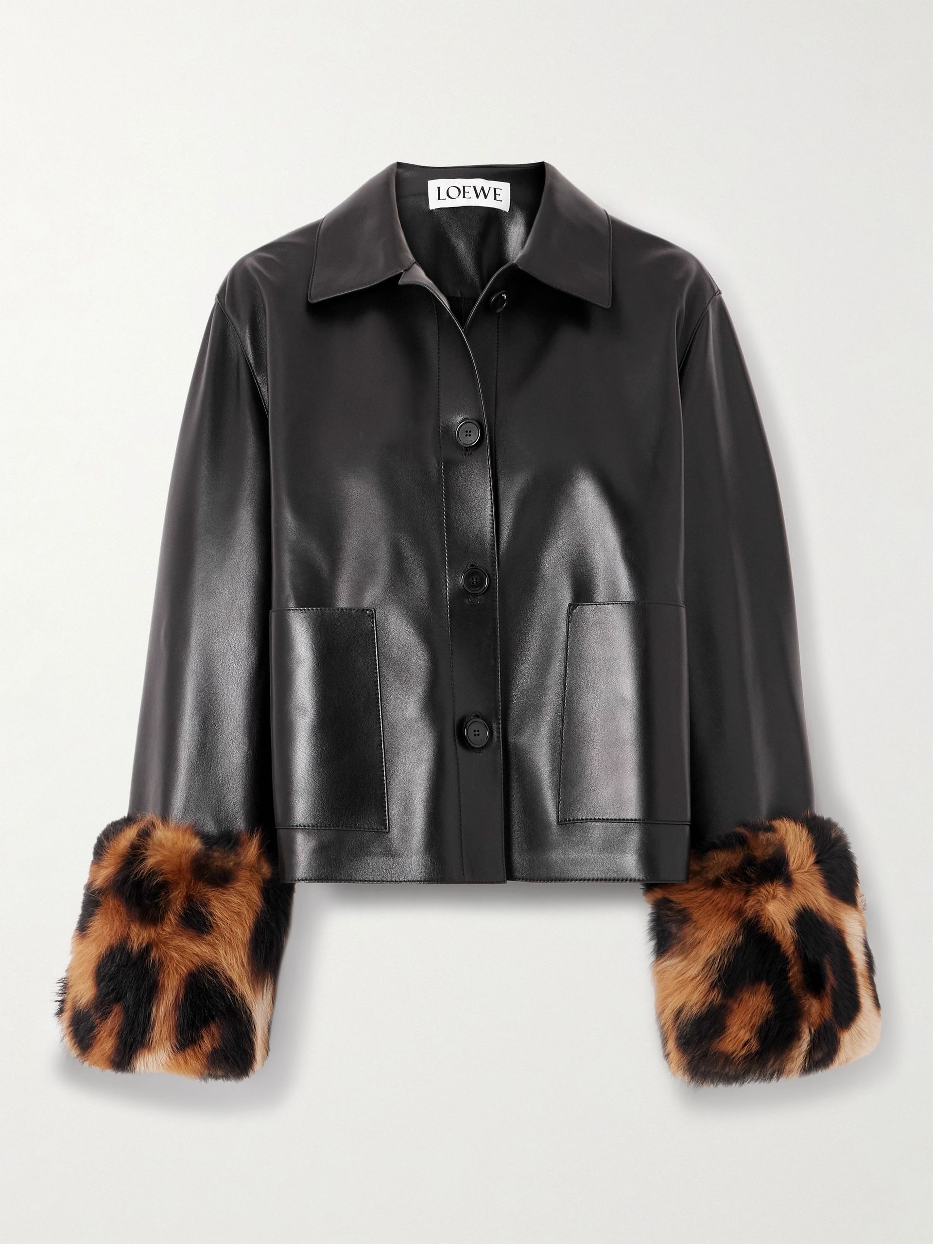 Loewe, Leopard-print shearling-trimmed glossed-leather jacket
