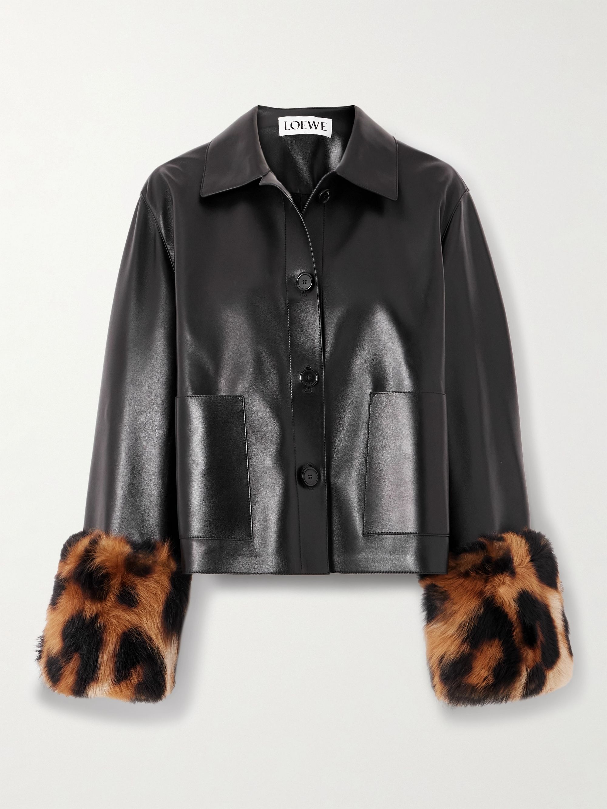 Loewe, Leopard-print shearling-trimmed glossed-leather jacket