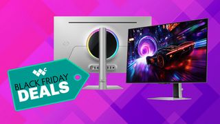 The backside and side view of a Samsung Odyssey OLED G8 gaming monitor or a purple background. There is a graphic in the shape of a coupon that shows the Windows Central Logo with the words "Black Friday Deals" below it.