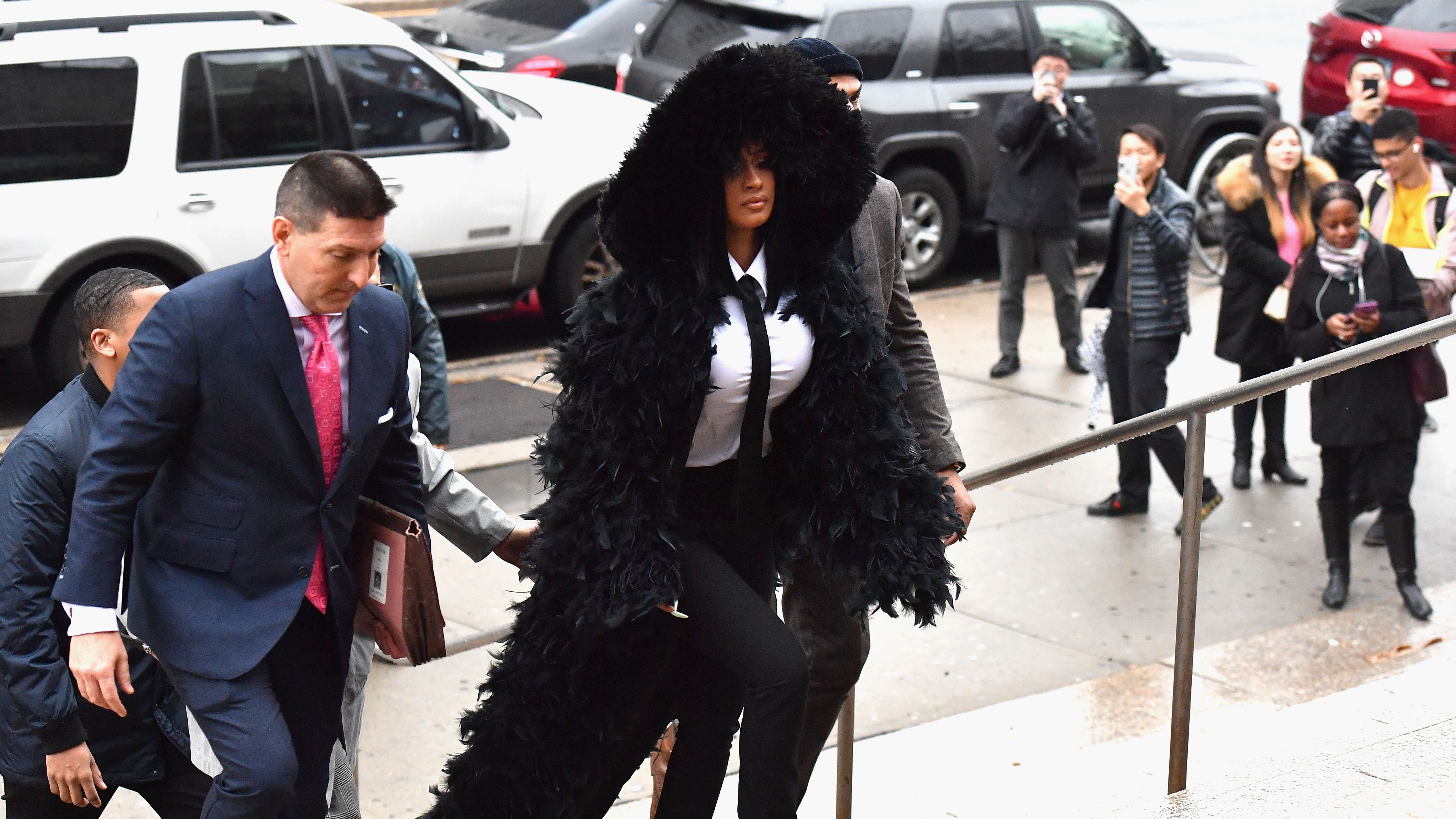 Cardi B. Wears Black Feathered Coat and Spiky Heels to Court