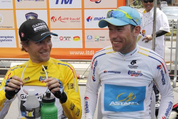 David Zabriskie (Garmin-Barracuda) shares a joke with Dmitriy Gruzdev (Astana).