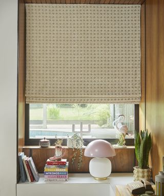 A window with a brown and white blind, wooden wall paneling around it, and colorful books, a lamp, and plants on the white shelf below it