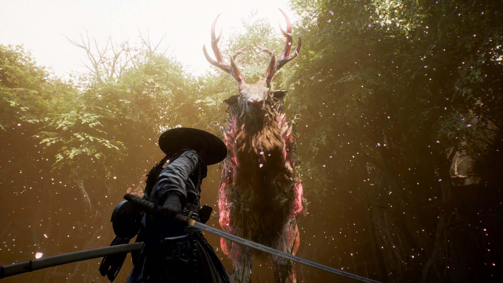 Screenshot from Beast of Reincarnation showing a samurai fighting a deer.