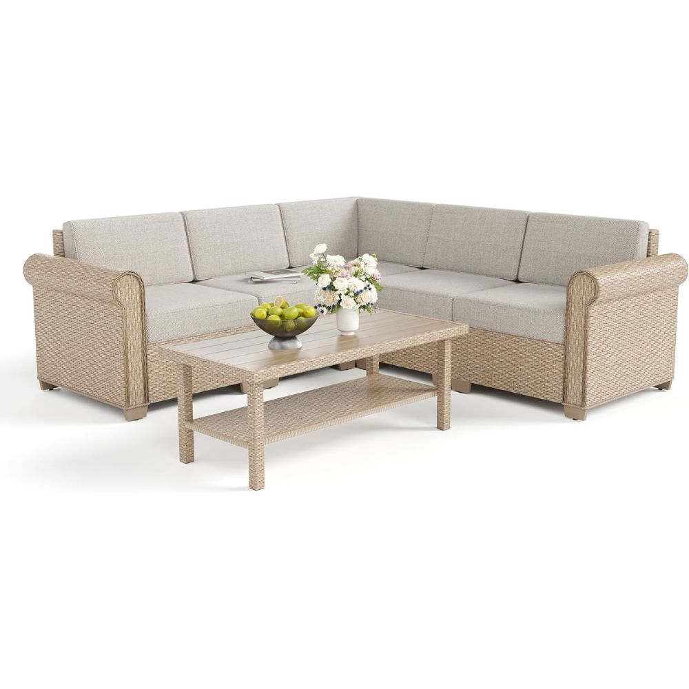 Wicker Rattan Sectional Sofa Couch with and Coffee Table