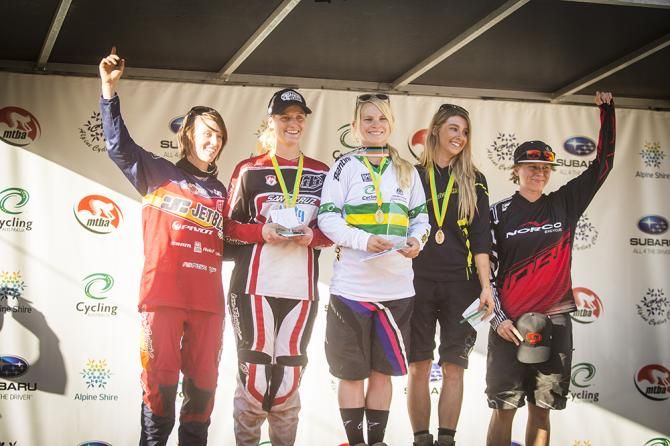 Elite women's downhill podium