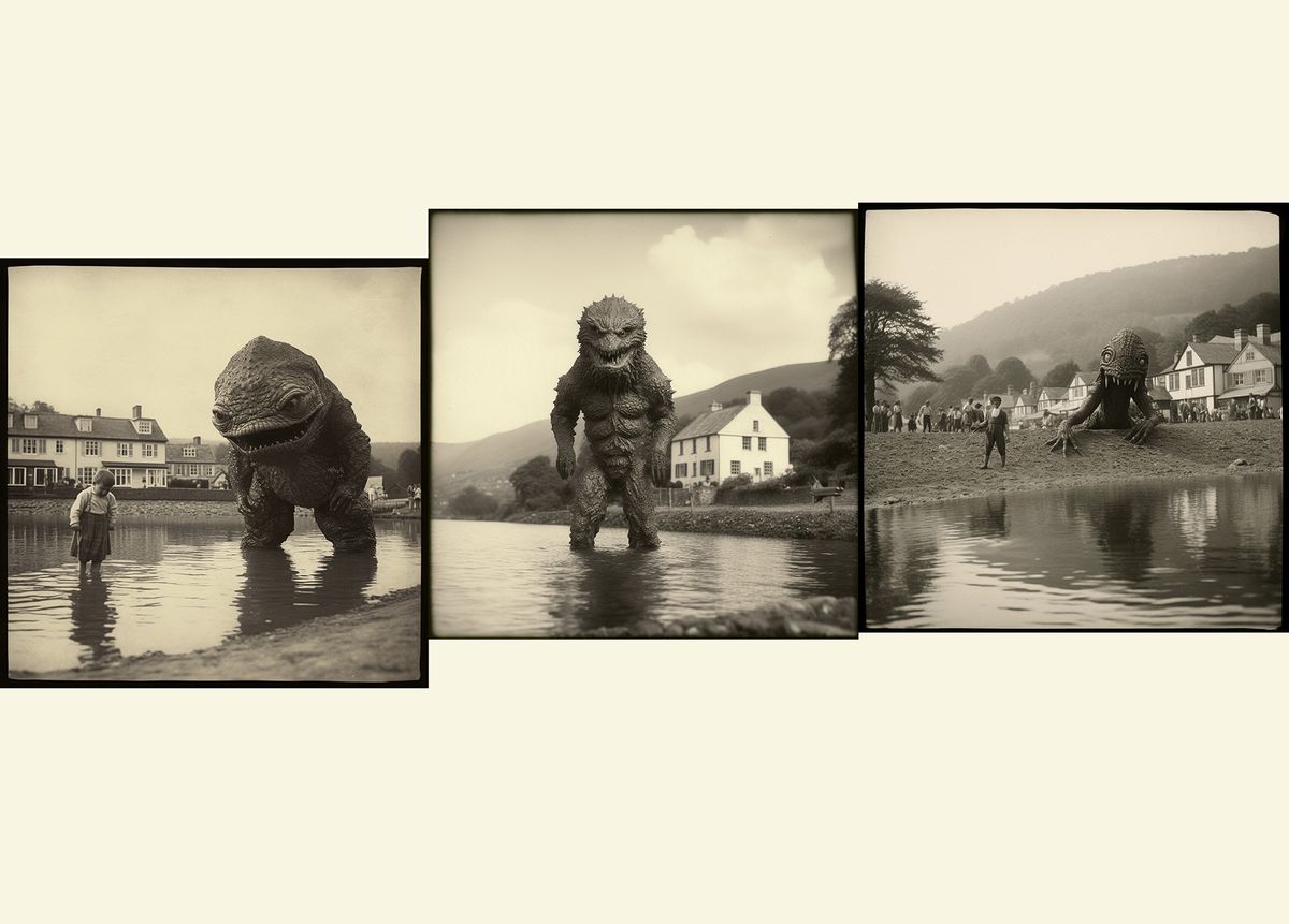 Set of three photographs of a monster-like f igure in shallow waters. The image on the far left also has a little boy paddling in the water