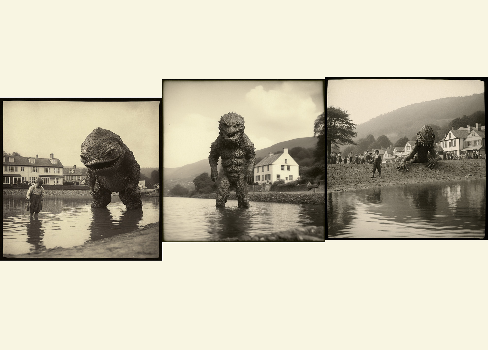 Set of three photographs of a monster-like f igure in shallow waters. The image on the far left also has a little boy paddling in the water