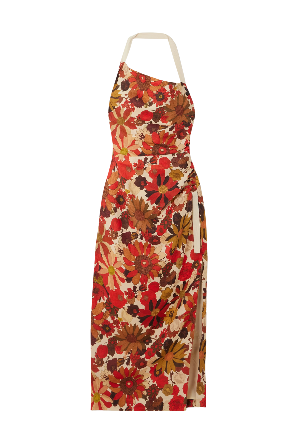 Castella Tie-Detailed Gathered Floral-Print Linen Halterneck Midi Dress