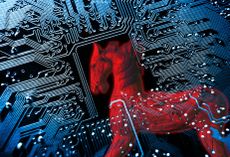 Red horse image imposed atop a circuitboard