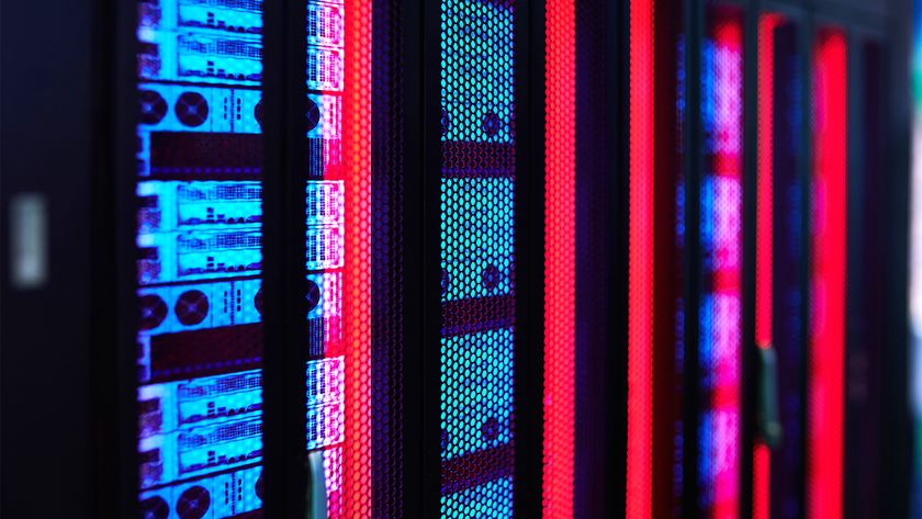 Close-up shot of data centers servers in red, black, and light blue colors.