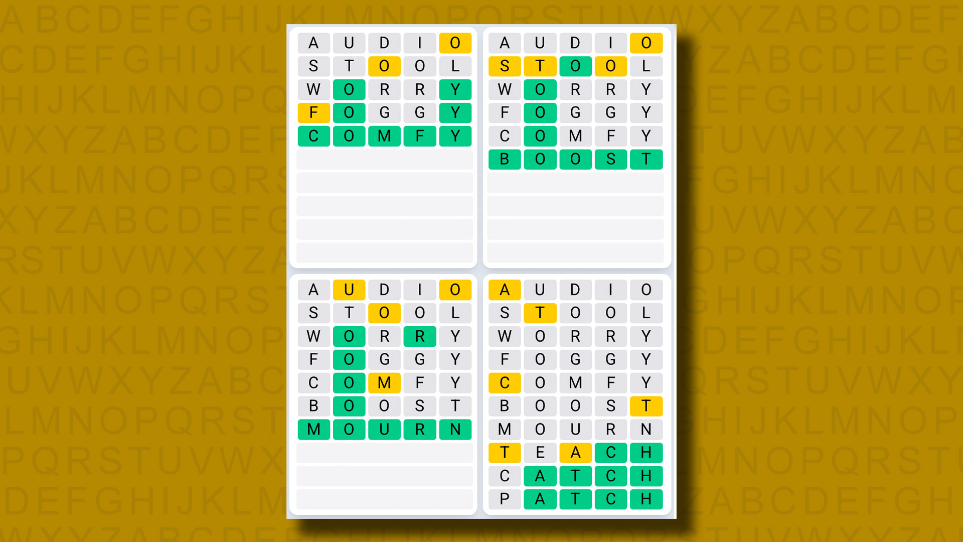 Quordle Daily Sequence answers for game 1296 on a yellow background