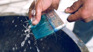 Close up of hands massaging and cleaning bristles of paintbrush with water