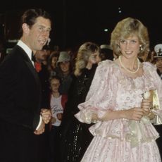 King Charles with Princess Diana dressed in a ball gown by Catherine Walker at the Gala Concert in Melbourne, Australia, on April 14, 1983