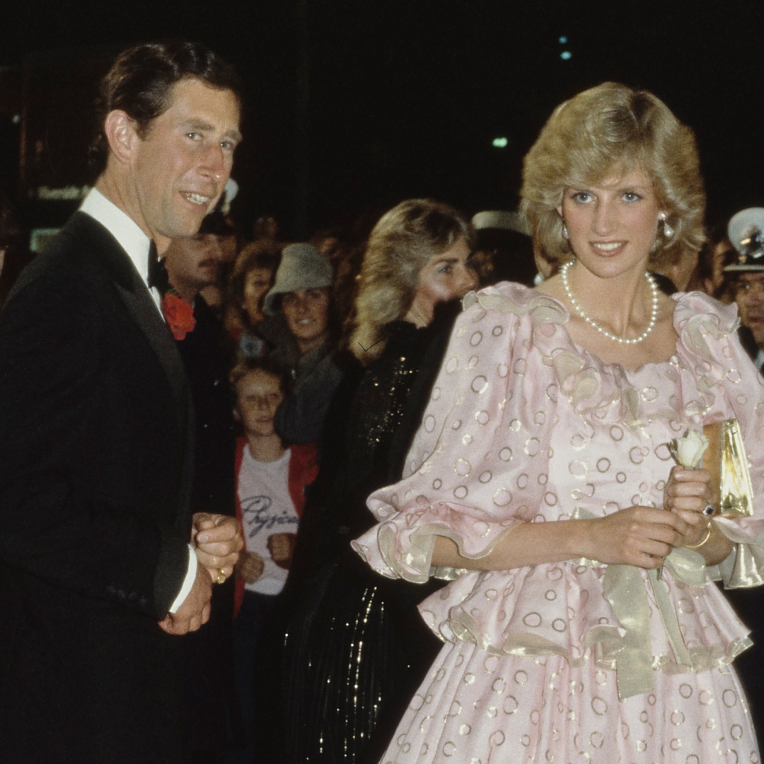 King Charles with Princess Diana dressed in a ball gown by Catherine Walker at the Gala Concert in Melbourne, Australia, on April 14, 1983