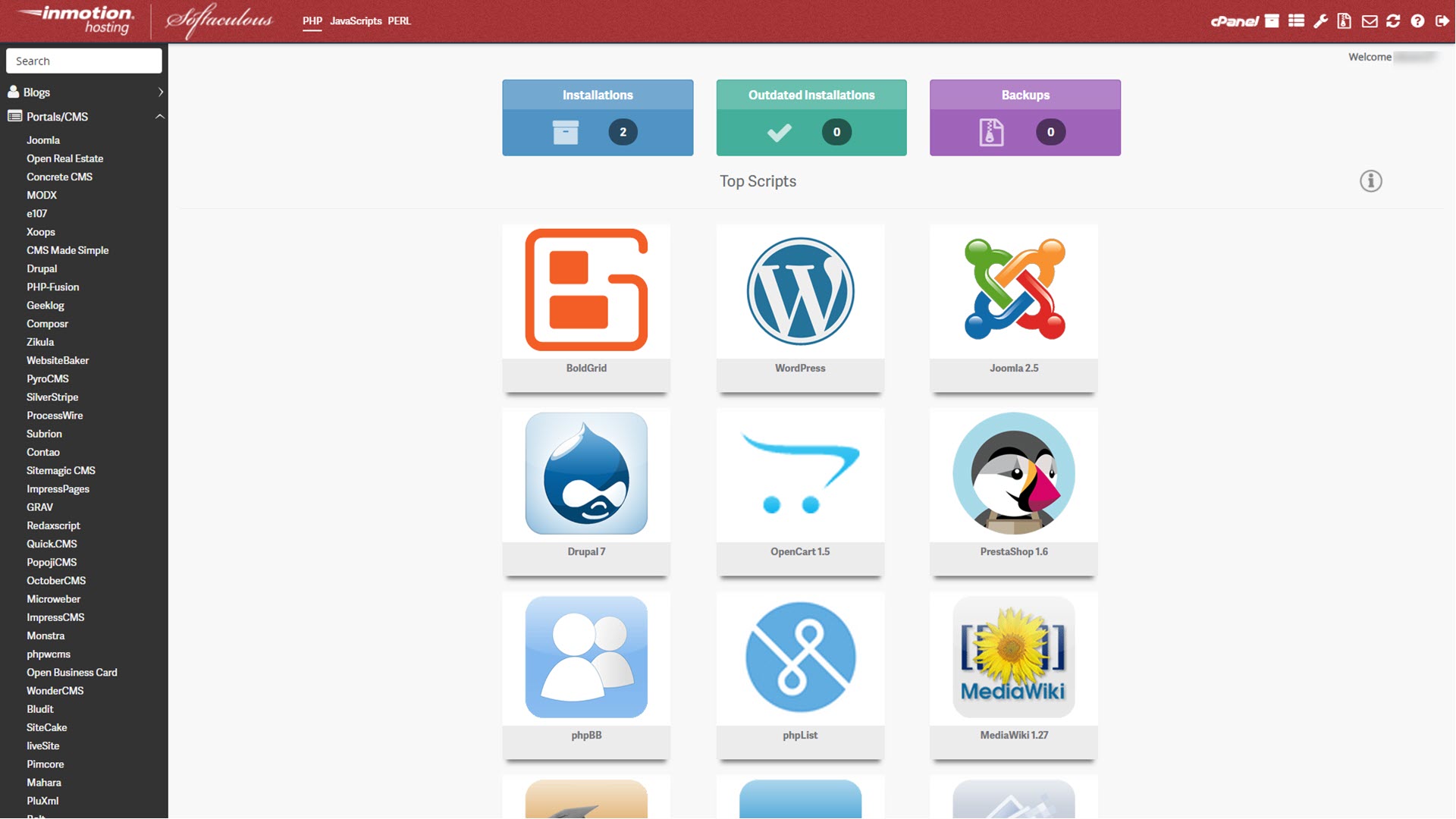 InMotion Hosting's Softaculous dashboard
