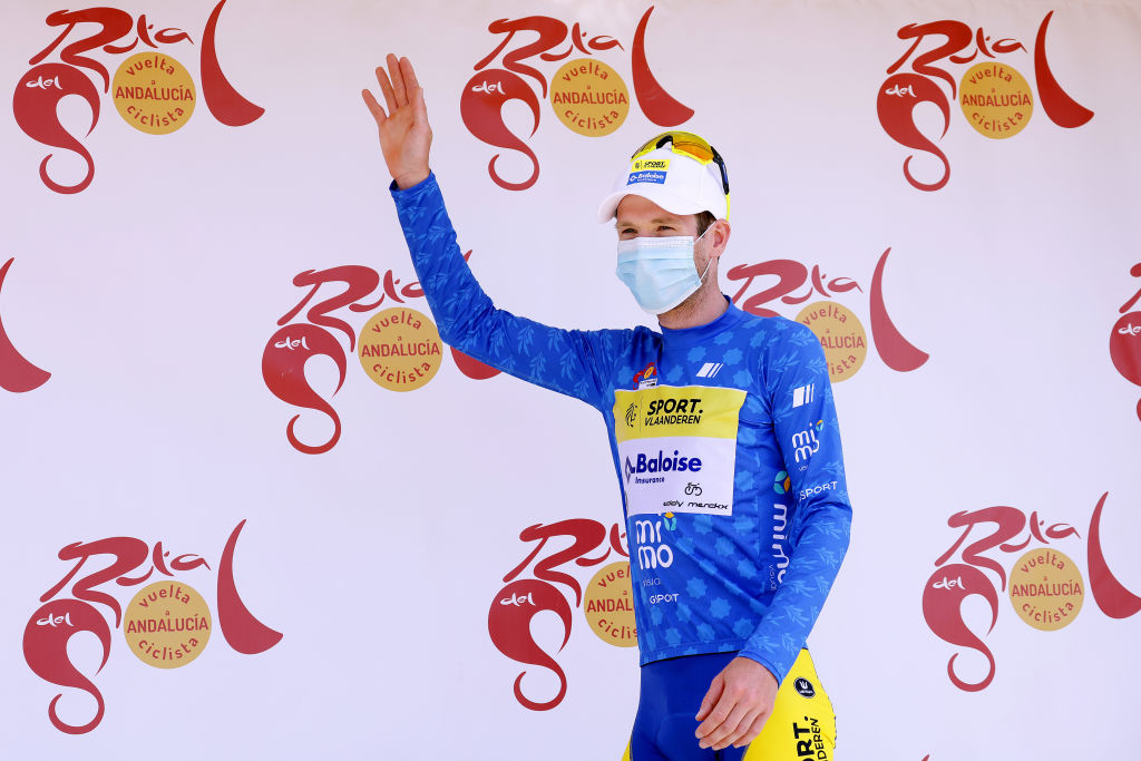 CLLAR VEGA SPAIN MAY 21 Thomas Sprengers of Belgium and Team Sport Vlaanderen Baloise Blue Intermediate sprint Jersey celebrates at podium during the 67th Vuelta A Andalucia Ruta Del Sol 2021 Stage 4 a 1829km stage from Baza to Cllar Vega VCANDALUCIA on May 21 2021 in Cllar Vega Spain Photo by Gonzalo Arroyo MorenoGetty Images