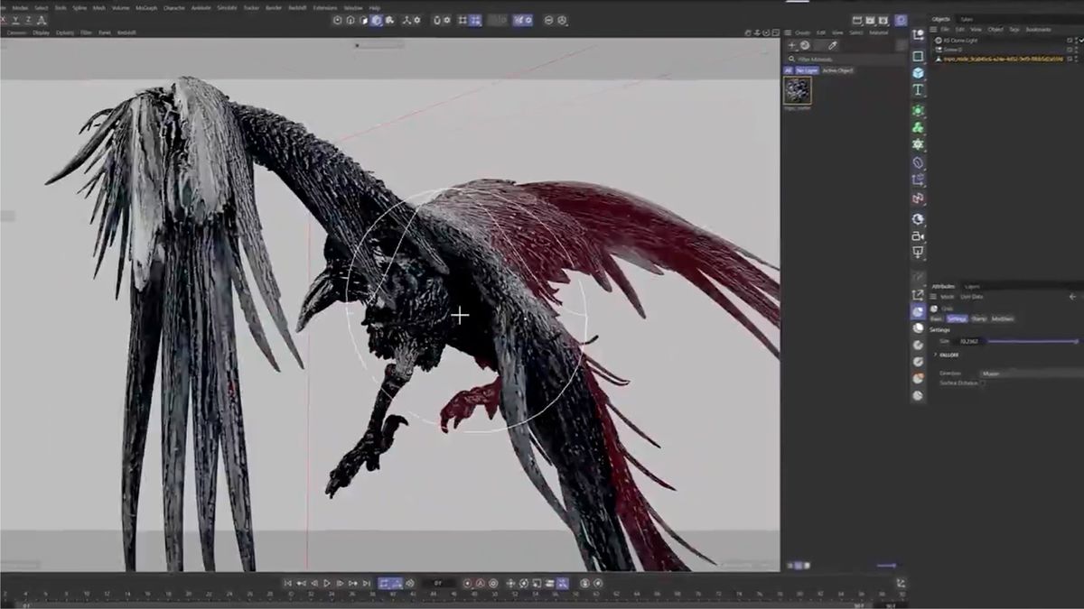 A drawing of a crow becomes a 3D model in a Maxon AI video