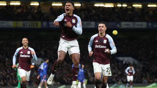 Ollie Watkins of Aston Villa celebrates scoring his team's first goal during the Premier League match between Chelsea and Aston Villa at Stamford Bridge on December 27, 2025 in London, England.