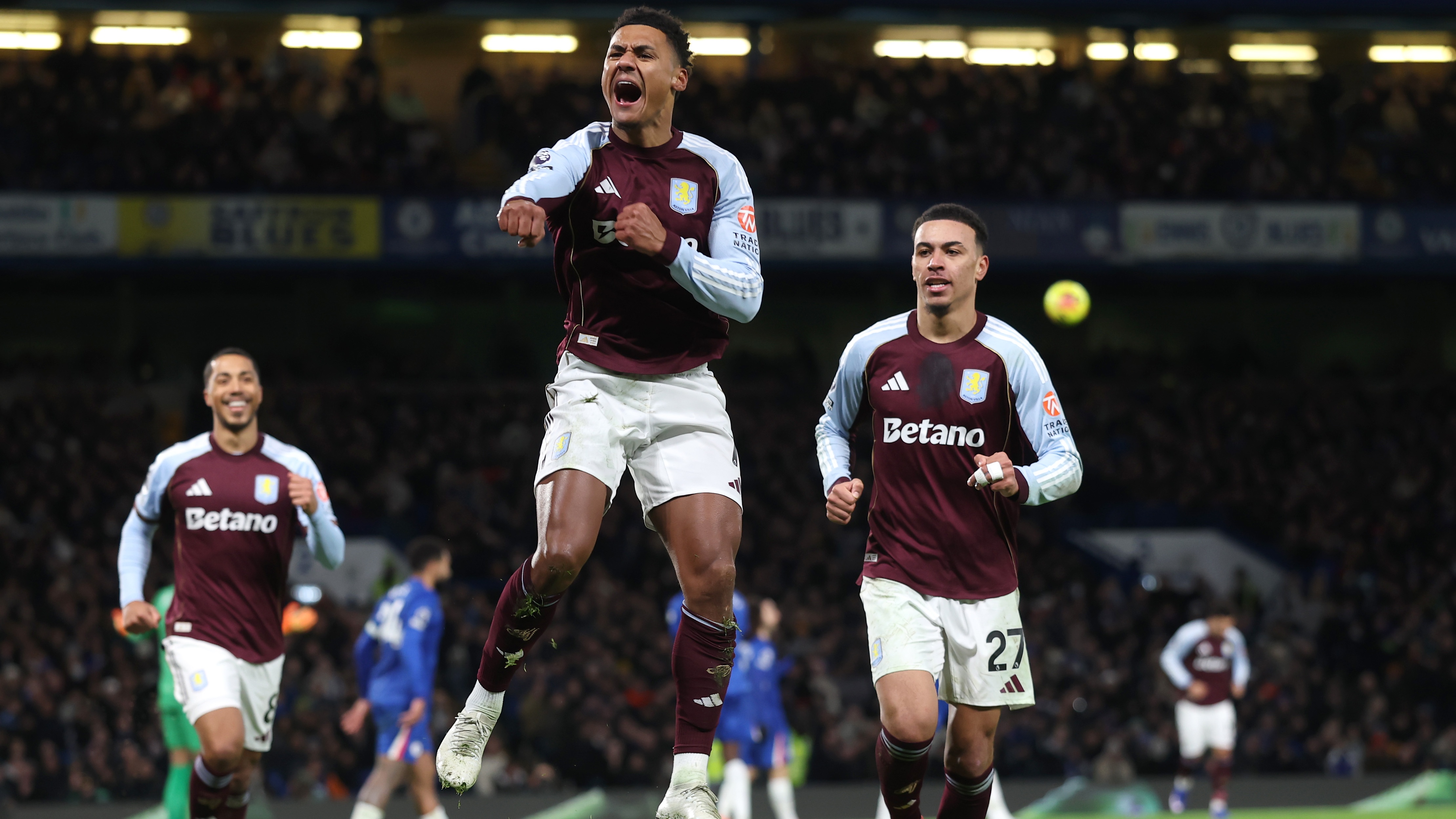 Ollie Watkins of Aston Villa celebrates scoring his team's first goal during the Premier League match between Chelsea and Aston Villa at Stamford Bridge on December 27, 2025 in London, England.