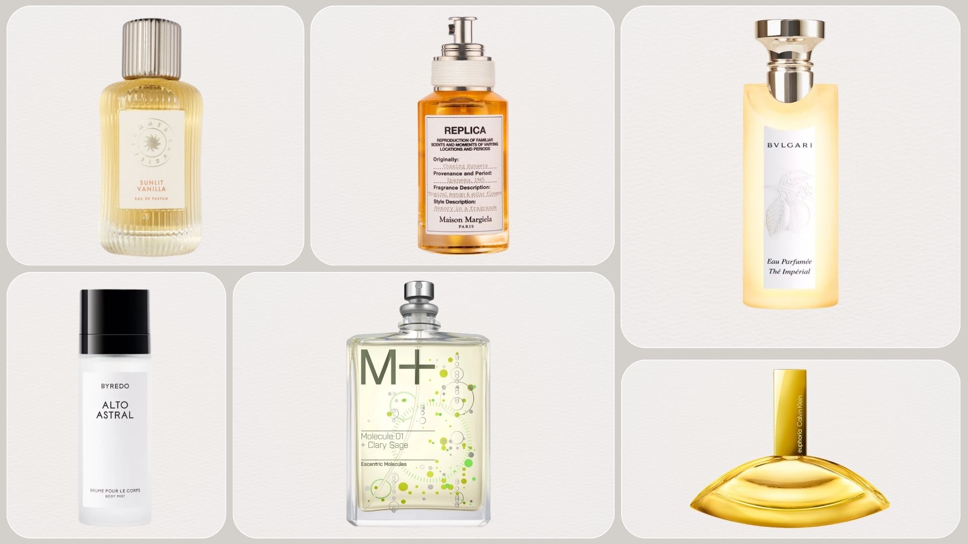 A collage of new in perfumes from Summer Fridays, Maison Margiela, Bvlgari, Byredo, Escentric Molecules and Calvin Klein