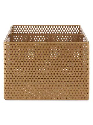 A neutral colored square storage basket on a white background