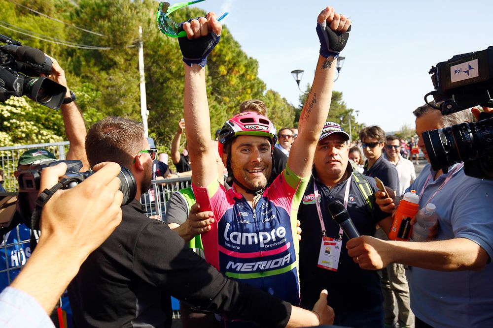 Diego Ulissi (Lampre-Merida) celebrates after winning stage 4 of the Giro d'Italia