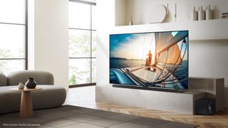 The Samsung QN90C TV in a light living room