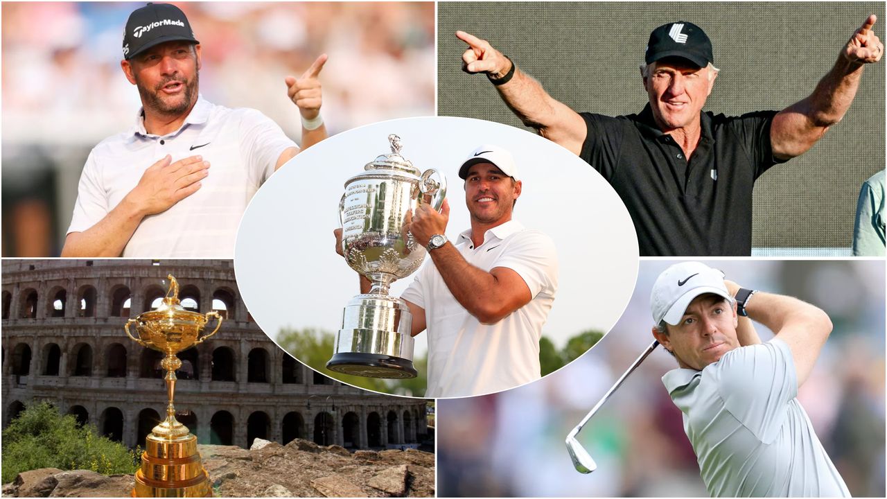 Five images in a montage including Brooks Koepka holding the Wanamaker Trophy, Michael Block celebrating and Rory McIlroy hitting an iron shot