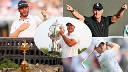 Five images in a montage including Brooks Koepka holding the Wanamaker Trophy, Michael Block celebrating and Rory McIlroy hitting an iron shot