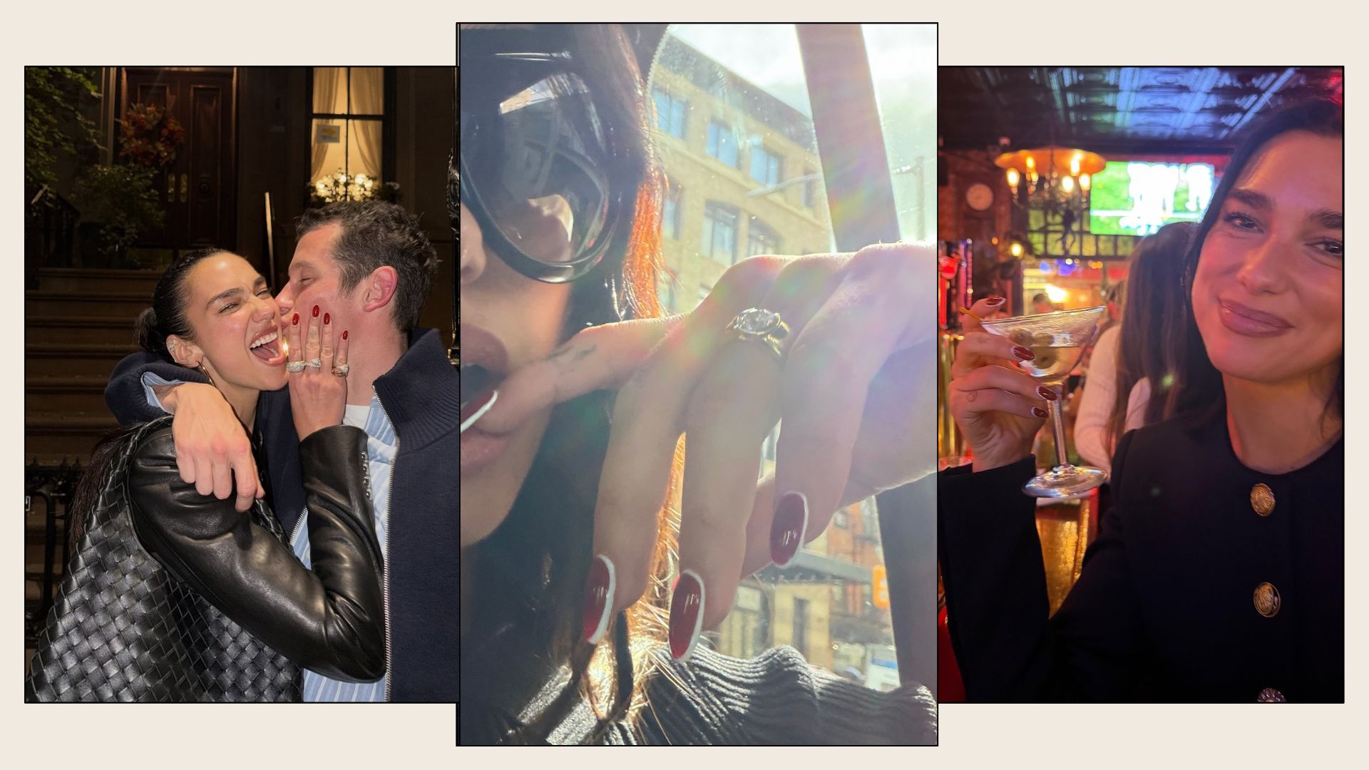 A collage of Dua Lipa with red halo nails