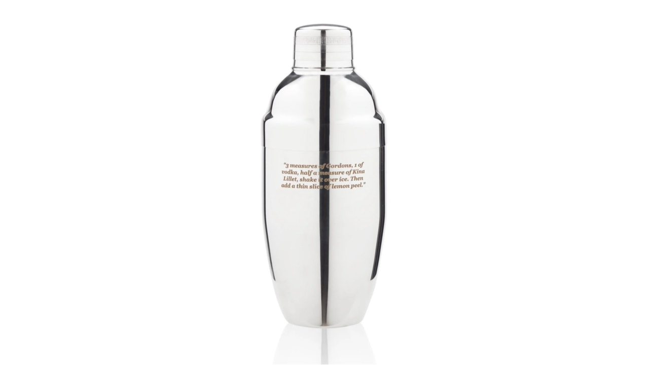 The James Bond Vesper Martini Shaker on display.