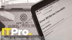 A montage of a screen showing a 503 error and a Colonial Pipeline storage facility