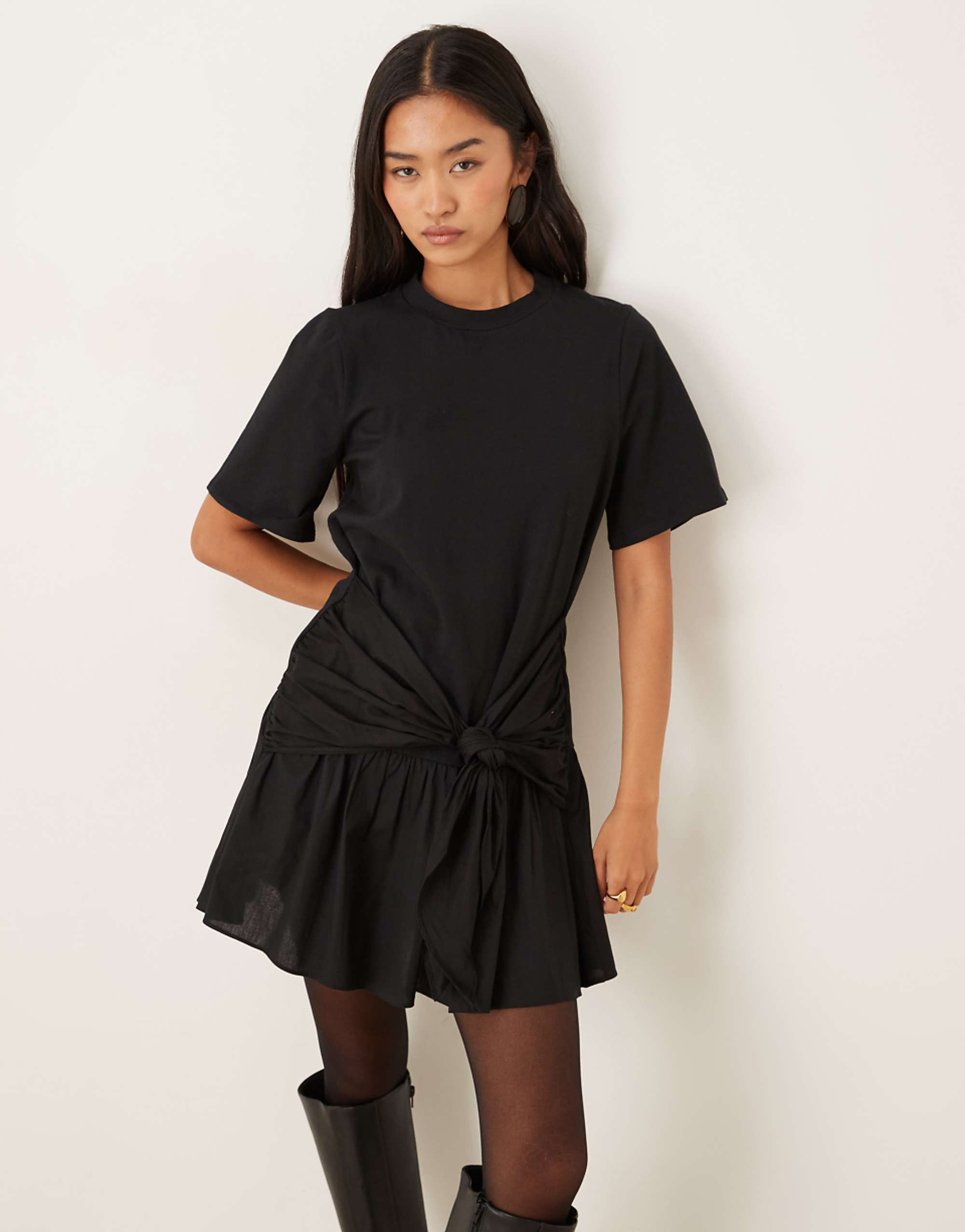 Asos Design Tie Front T-Shirt Mini Dress With Poplin Skirt in Black