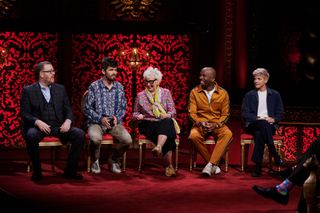 The Taskmaster season 15 cast at the recording of episode 1, sitting in alphabetical order on the stage: Frankie Boyle, Ivo Graham, Jenny Eclair, Kiell Smith-Bynoe and Mae Martin