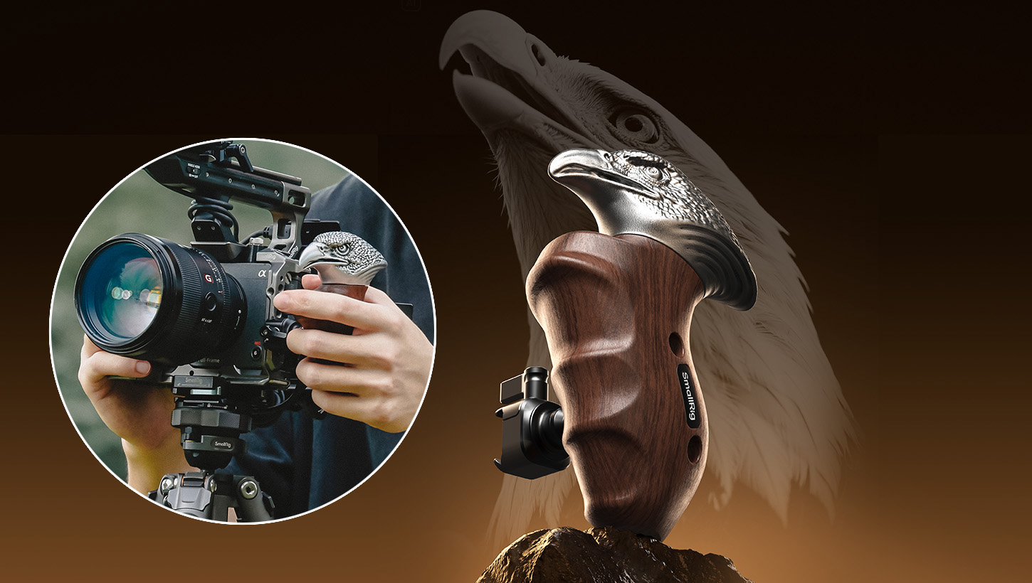 SmallRig Eagle Handle in foreground with image of an eagle behind, with inset image of person using the grip on a camera 