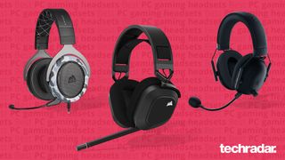 Some of the best PC gaming headsets on the market set against a pink backdrop