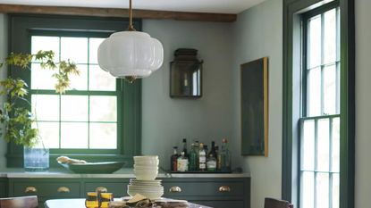 Anthropologie Eloise pendant light hanging in a verdant green kitchen with a wooden dining set