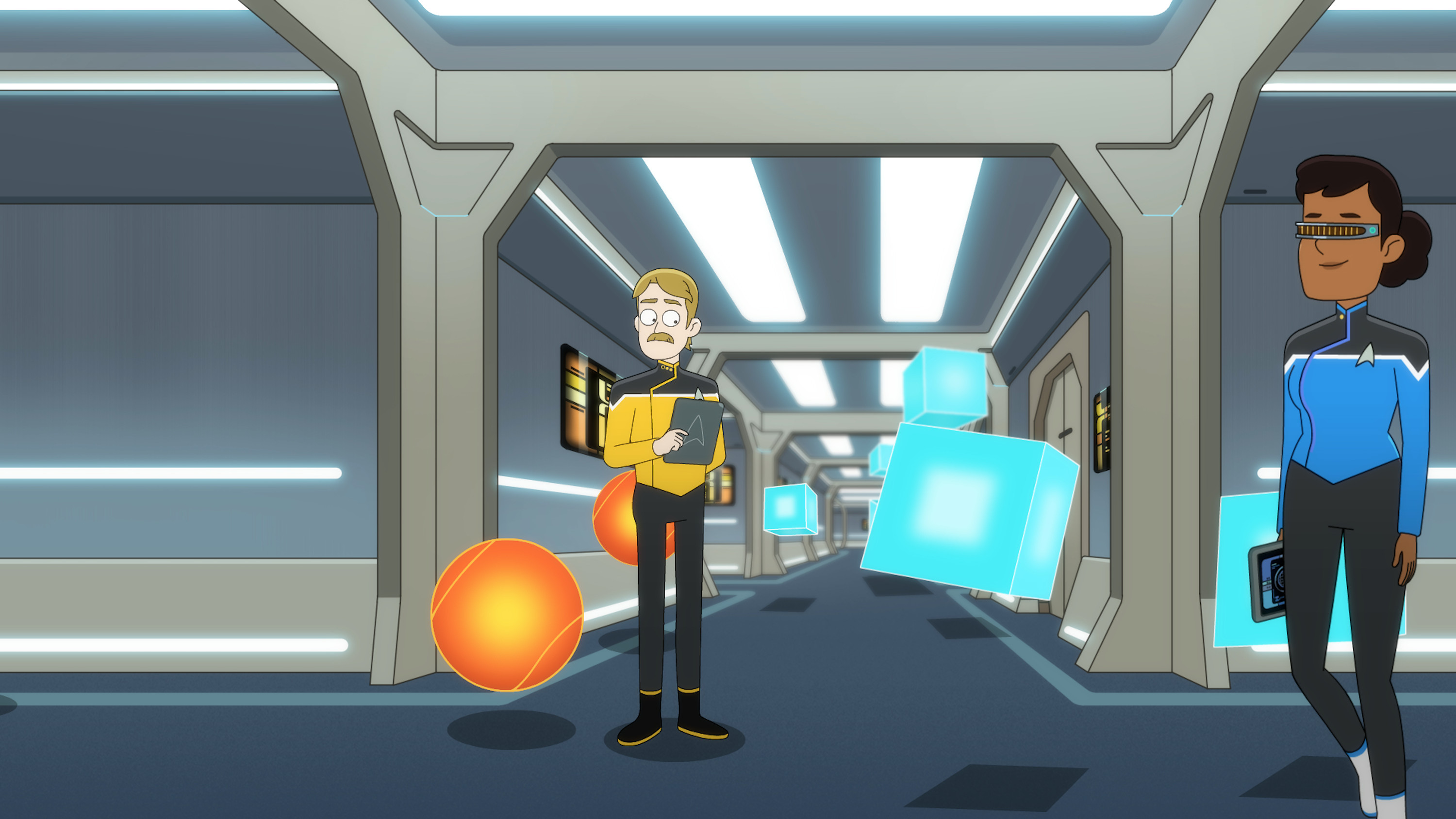 A Starfleet officer looks on as orange spheres and blue cubes float around the hallway, with a medical officer walking across the screen from the right.