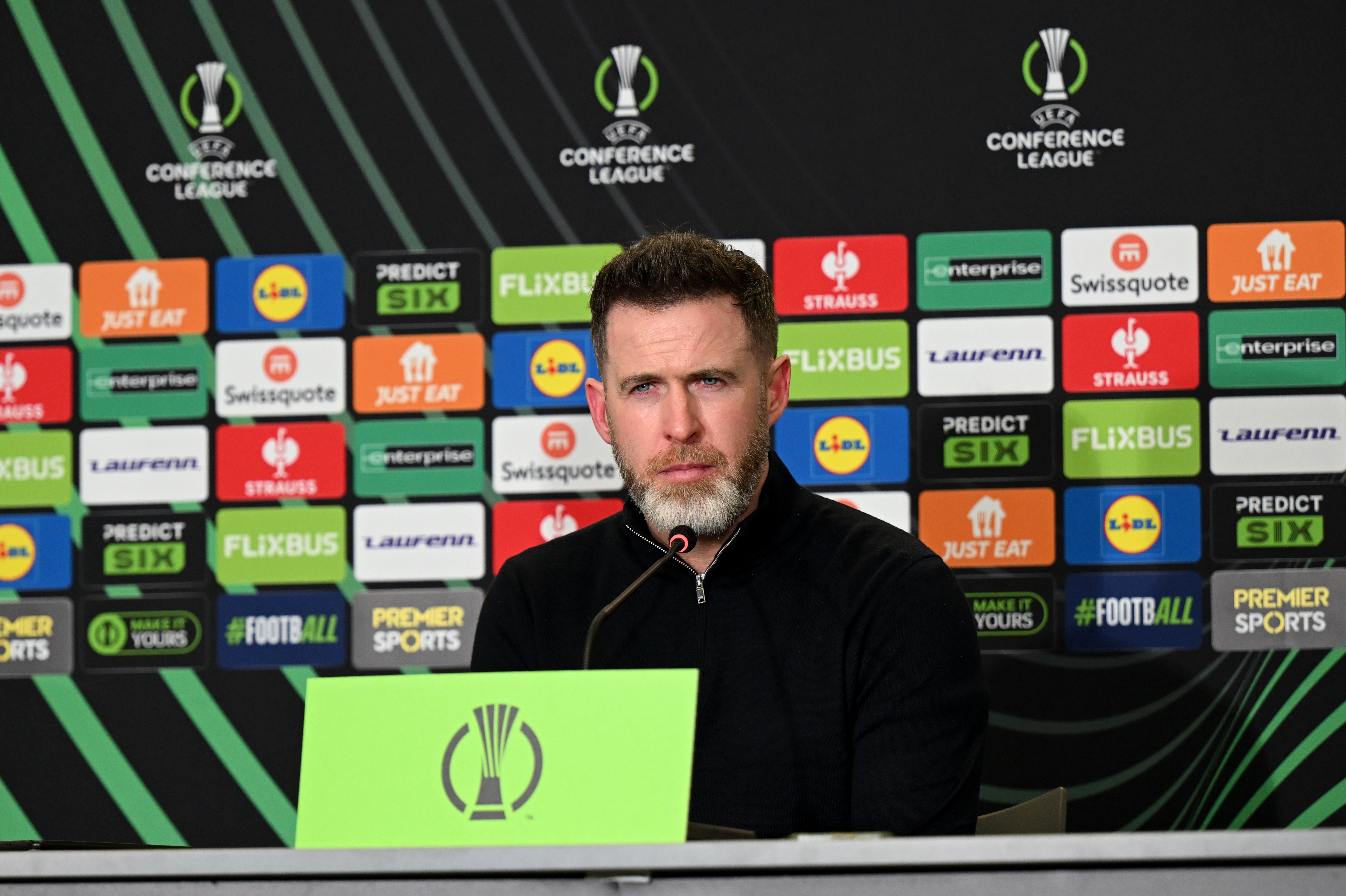 TALLAGHT, IRELAND - OCTOBER 23: Stephen Bradley, Head Coach of Shamrock Rovers speaks to the media in a post match press conference following the UEFA Conference League 2025/26 League Phase MD2 match between Shamrock Rovers FC and NK Celje at Tallaght Stadium on October 23, 2025 in Tallaght, Ireland. (Photo by Charles McQuillan - UEFA/UEFA via Getty Images)