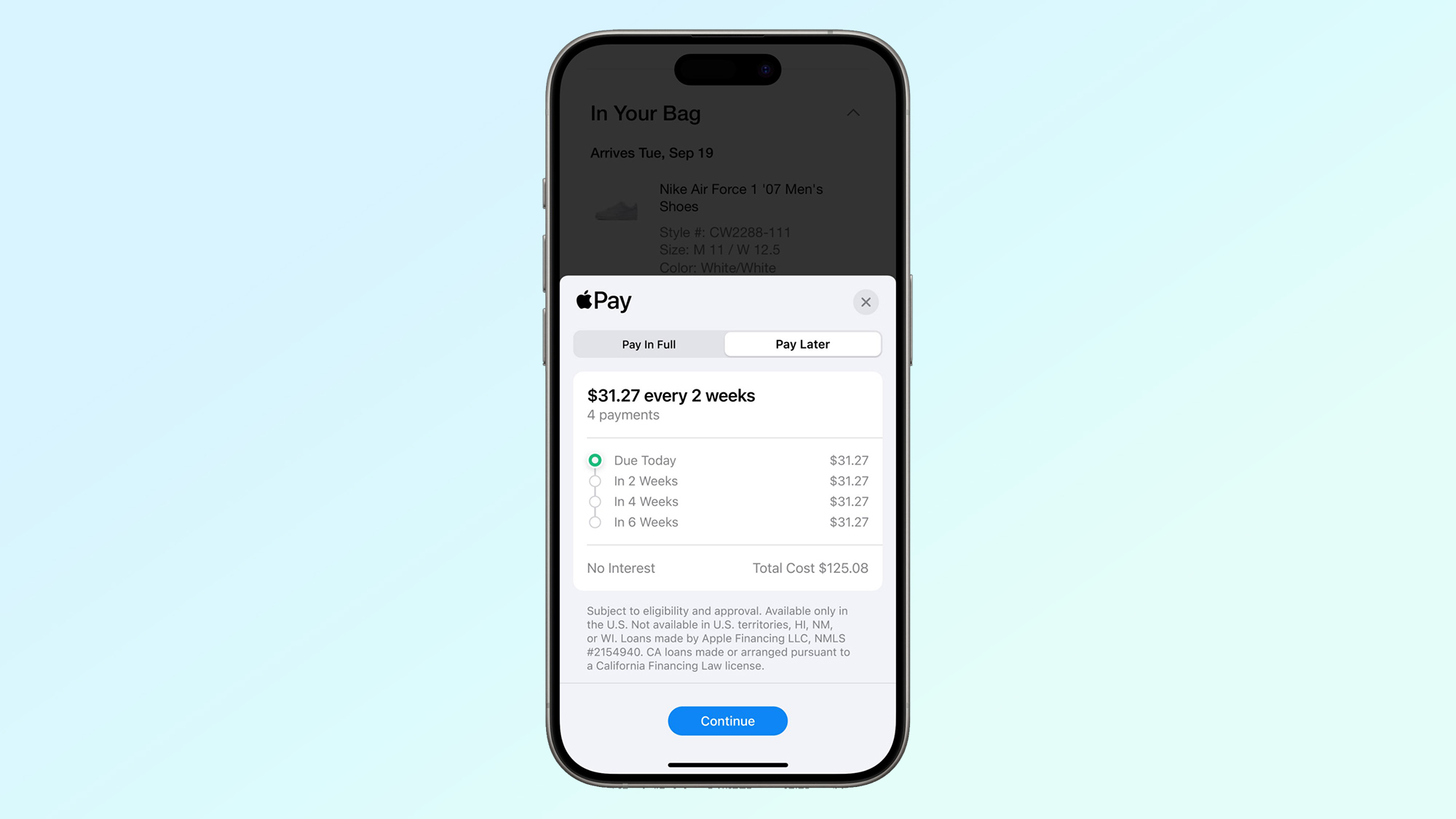 Screenshots von Apple Pay Later auf blauem Hintergrund