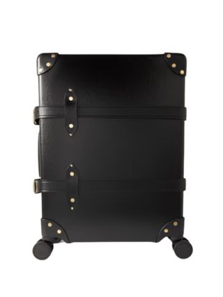 A vintage-inspired, leather-trimmed cabin suitcase in black.