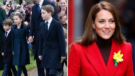 Composite of a picture of Prince George, Charlotte and Louis on Christmas Day 2024 and a picture of Kate Middleton in Wales in 2025