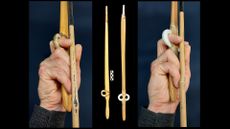 Here we see a hand clenching around the end of a wooden spear, with the forefinger in the "open ring" finger loop.