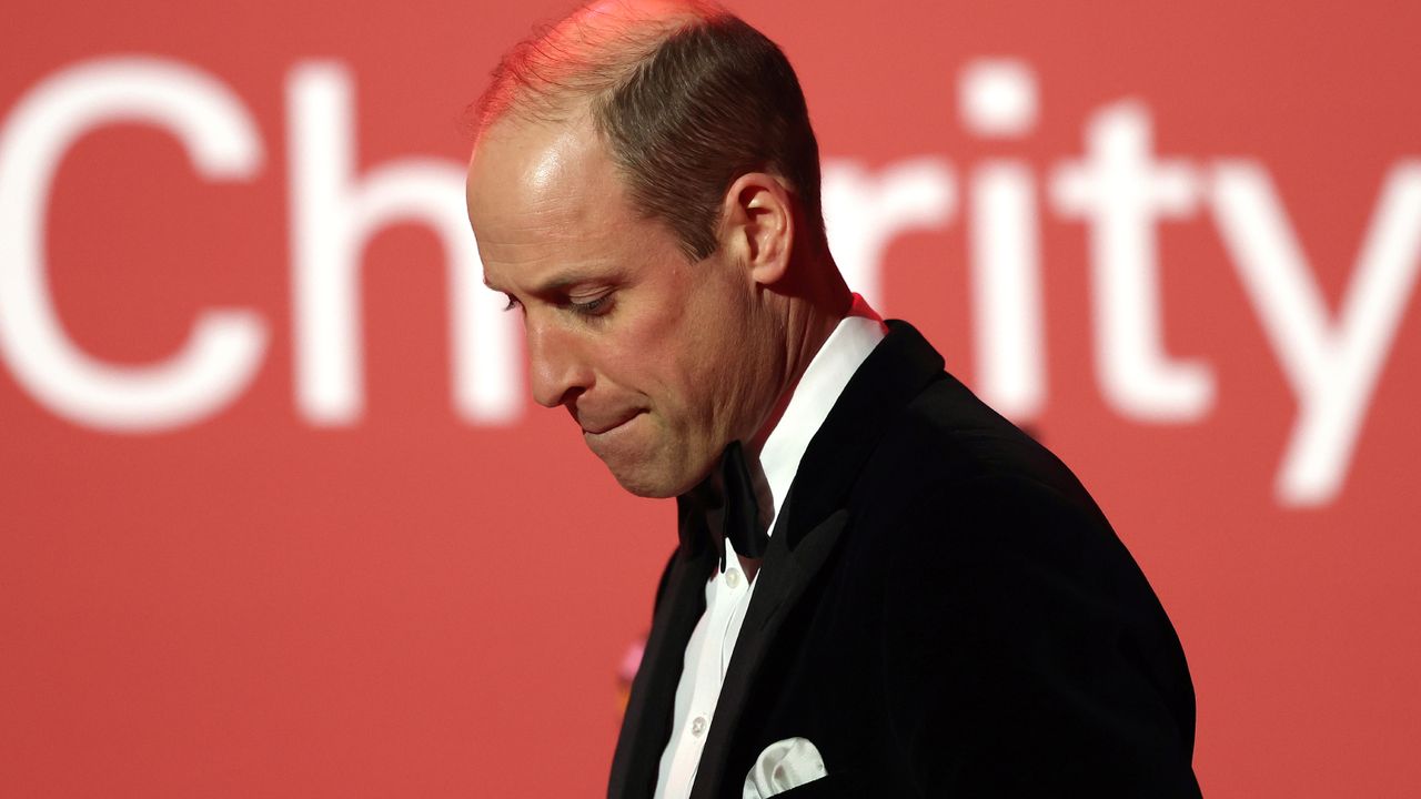 Britain&#039;s Prince William, Prince of Wales leaves the stage after delivering a speech during the London Air Ambulance Charity Gala Dinner at The OWO on February 7, 2024 in London, England. 