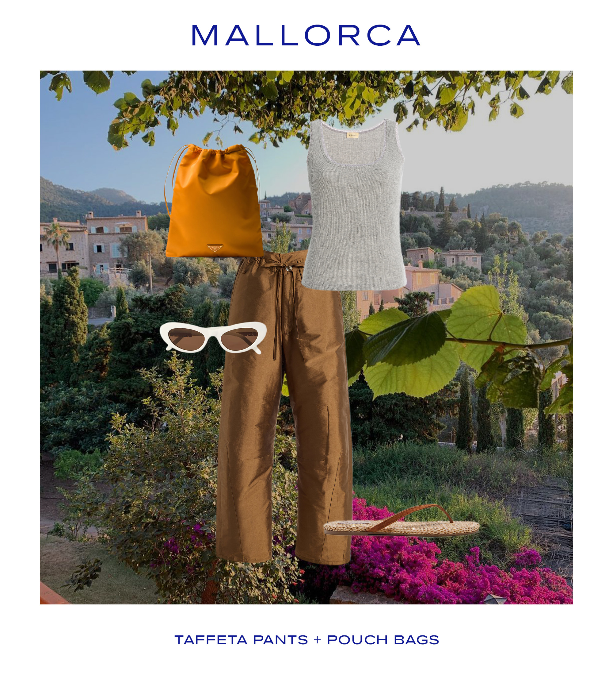 Collage of buildings in Mallorca, an orange pouch bag, white sunglasses, a gray tank, sandals, and tafetta pants.