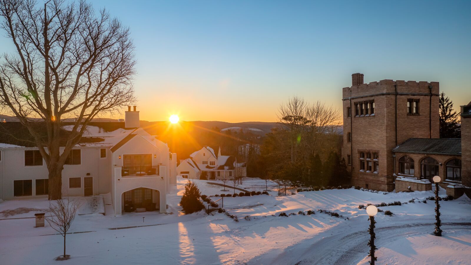 Miraval Berkshires resort at sunset in winter