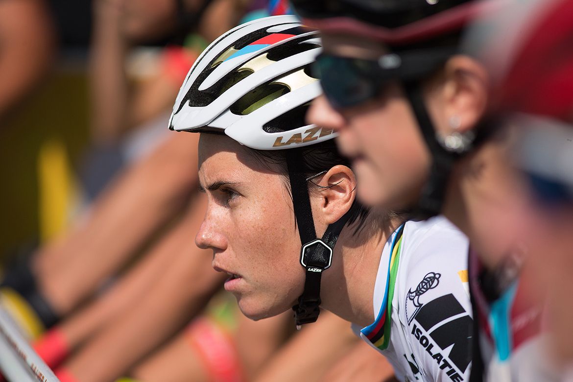 A face of concentration on the start line from Sanne Cant