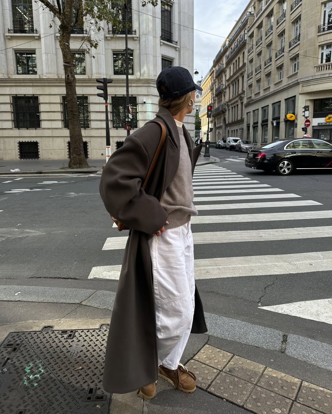 street style brown trainers, grey skirt, grey top