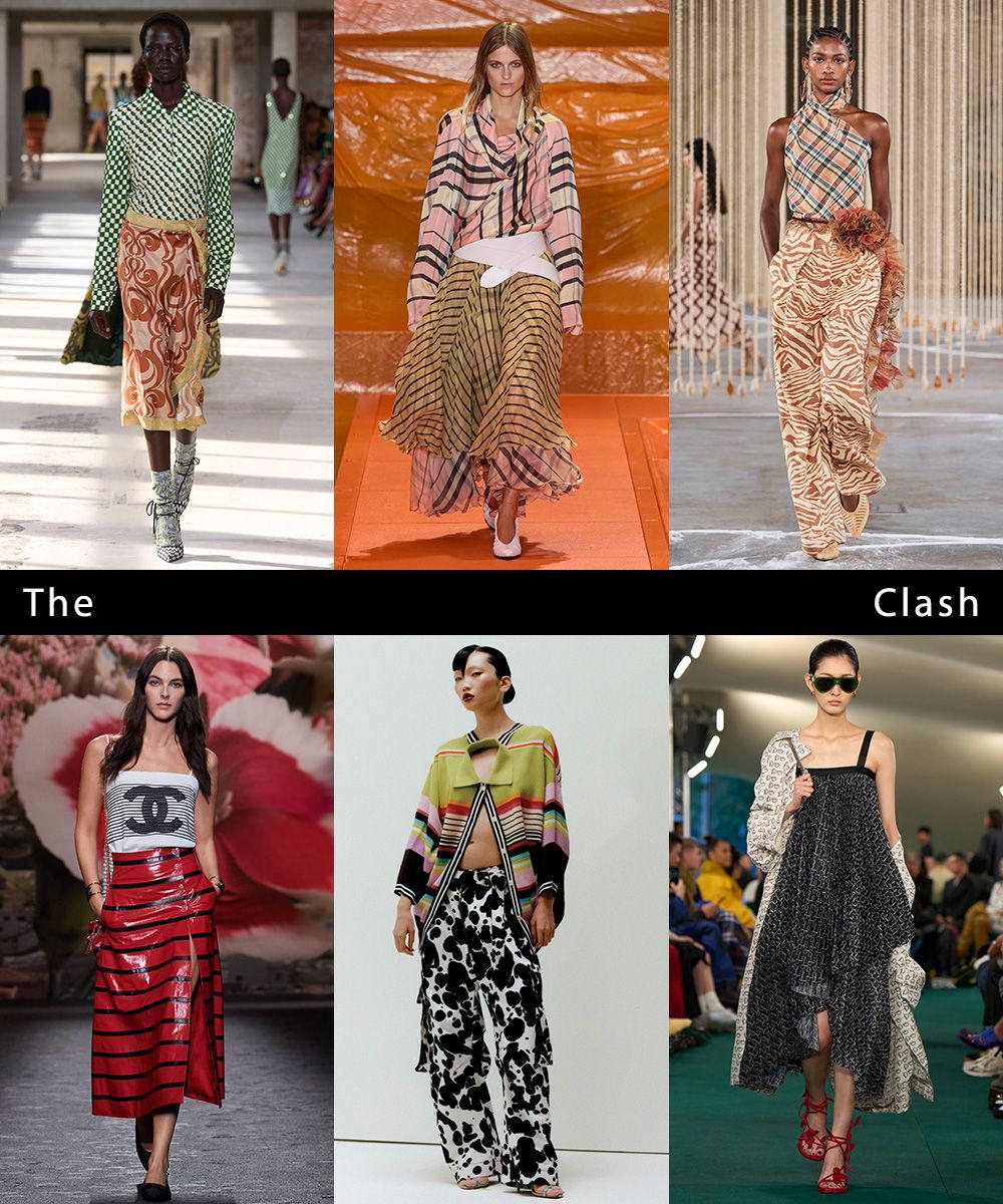 a collage of runway images featuring the maximalist spring trend: mis-match prints